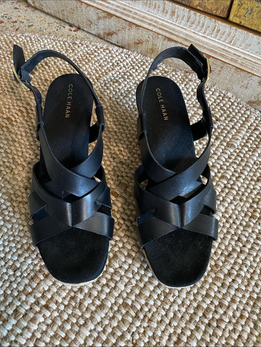 Cole Haan Black Leather Crisscross Slingback Sandals